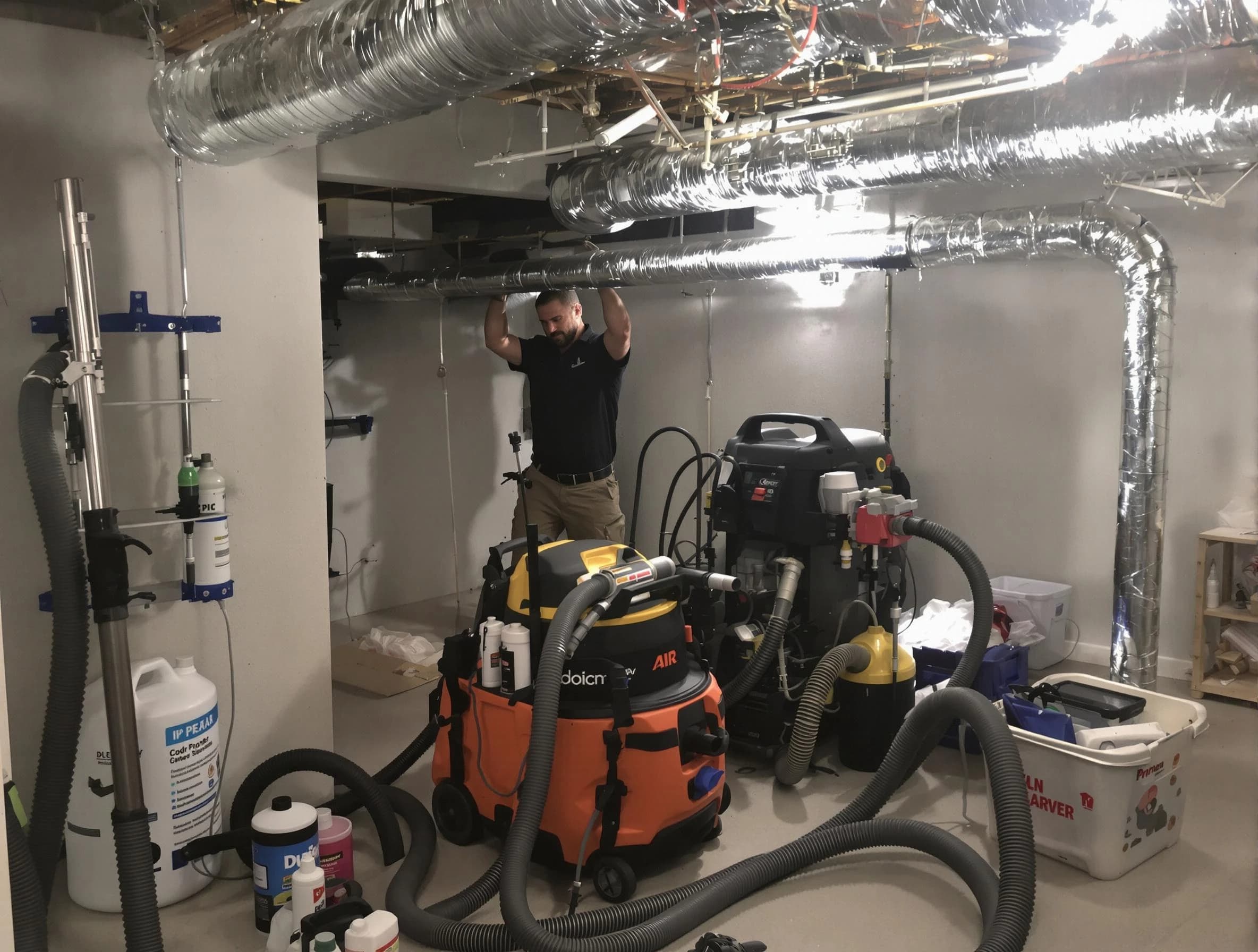 Oakmont Air Duct Cleaning specialist performing professional mold removal from air ducts using safety equipment in Oakmont